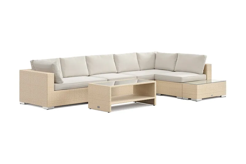 Bahamas utesoffa 6-sits vändbar schäslong med avslut och bord med hylla, Beige