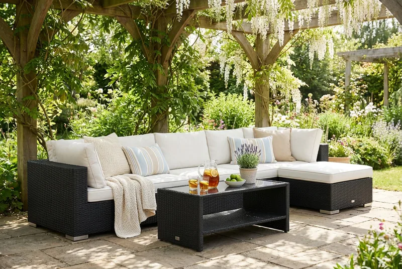 Bahamas utomhus divansoffa 6-sits med vändbar divan och bord med hylla - Svart - Utemöbler - Loungemöbler - Soffgrupp utomhus