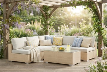 Bahamas utomhus hörnsoffa 5-sits vändbar med öppet avslut och bord - Beige - Utemöbler - Loungemöbler - Soffgrupp utomhus