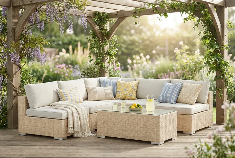 Bahamas utomhus hörnsoffa 5-sits vändbar med öppet avslut och bord - Beige - Utemöbler - Loungemöbler - Soffgrupp utomhus
