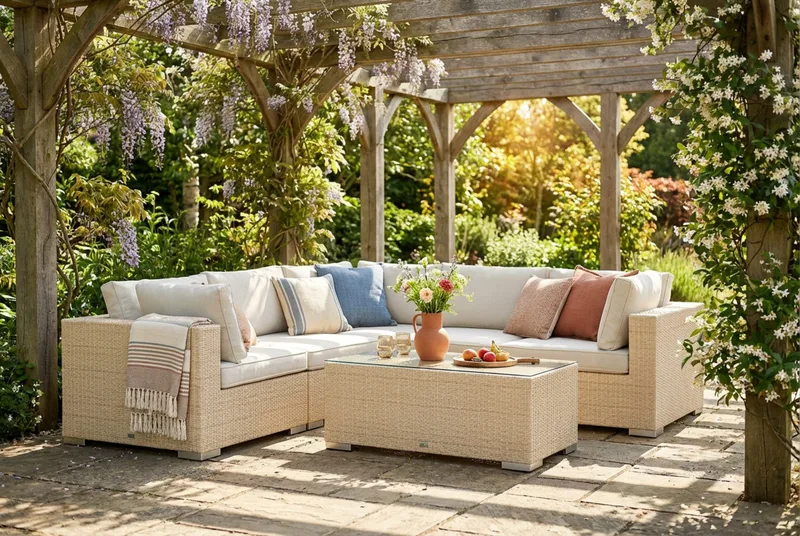 Bahamas utomhus hörnsoffa 5-sits vändbar med bord - Beige - Utemöbler - Loungemöbler - Soffgrupp utomhus