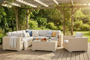 Bahamas utomhus hörnsoffa 6-sits vändbar med fåtölj och bord - Beige - Utemöbler - Loungemöbler - Soffgrupp utomhus