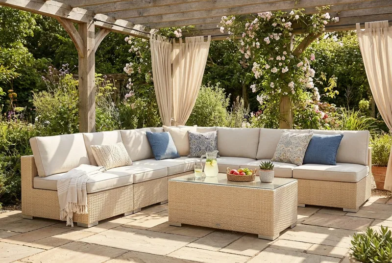 Bahamas utomhus hörnsoffa 7-sits vändbar med öppet avslut och bord - Beige - Utemöbler - Loungemöbler - Soffgrupp utomhus