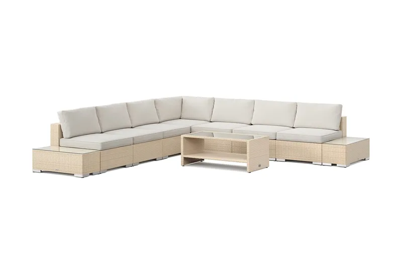 Bahamas utomhus hörnsoffa 7-sits vändbar med öppet avslut och bord med hylla, Beige