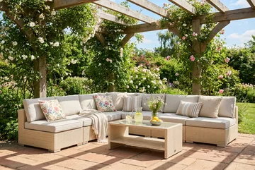 Bahamas utomhus hörnsoffa 7-sits vändbar med öppet avslut och bord med hylla - Beige - Utemöbler - Loungemöbler - Soffgrupp utomhus