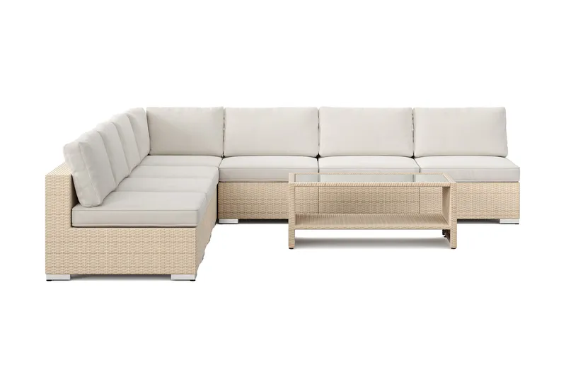 Bahamas utomhus hörnsoffa 7-sits vändbar med öppet avslut och bord med hylla - Beige - Utemöbler - Loungemöbler - Soffgrupp utomhus