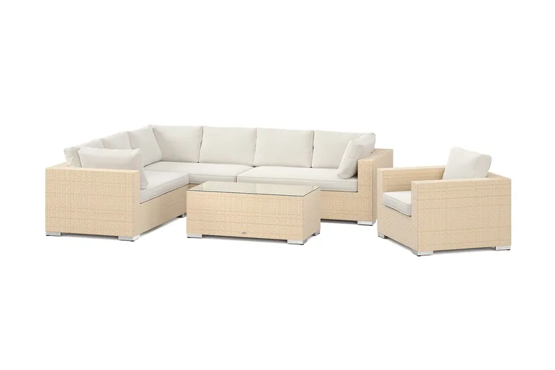 Bahamas utomhus L-soffa höger 7-sits med fåtölj och bord, Beige