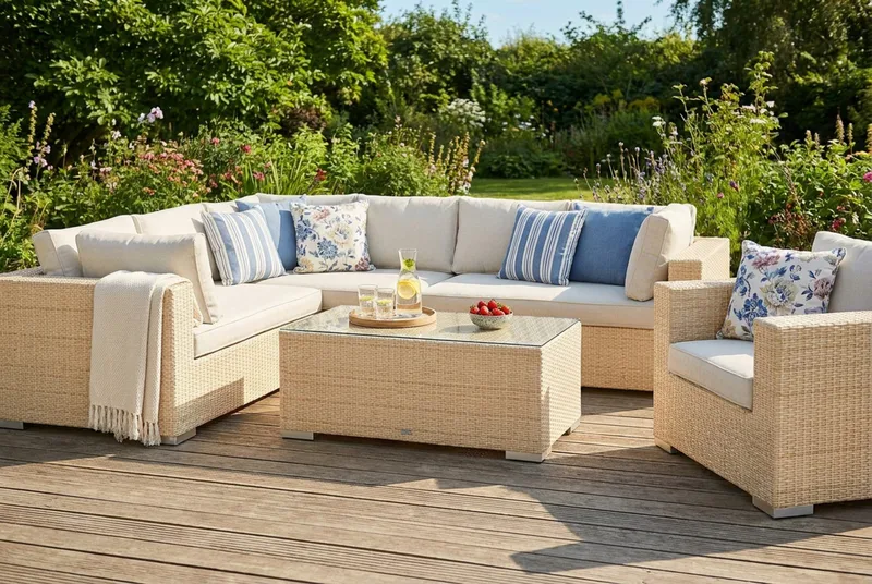 Bahamas utomhus L-soffa höger 7-sits med fåtölj och bord - Beige - Utemöbler - Loungemöbler - Soffgrupp utomhus