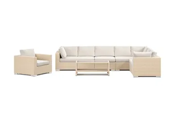 Bahamas utomhus L-soffa höger 8-sits med fåtölj och bord med hylla - Beige - Utemöbler - Loungemöbler - Soffgrupp utomhus