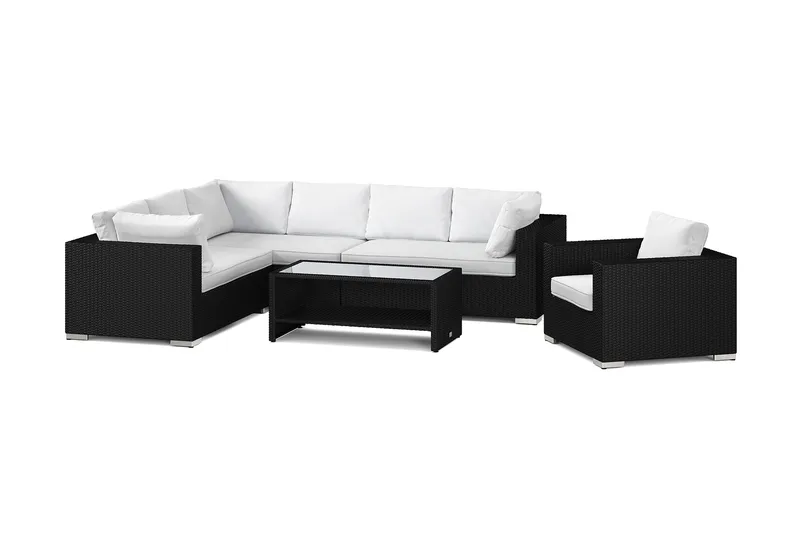Bahamas utomhus L-soffa vänster 7-sits med fåtölj och bord med hylla, Svart