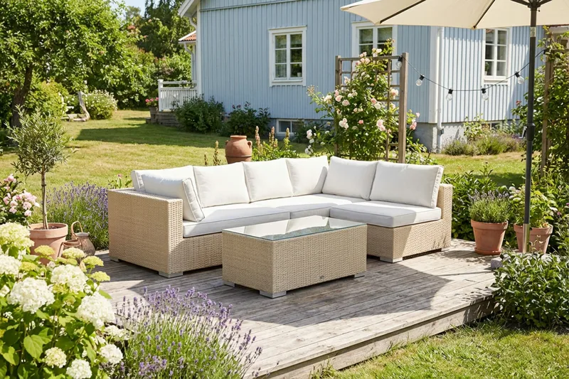 Bahamas utomhus loungegrupp 5-sits med vändbar schäslong och bord - Beige - Utemöbler - Loungemöbler - Soffgrupp utomhus