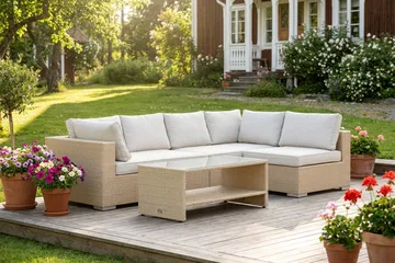 Bahamas utomhus loungegrupp 5-sits med vändbar schäslong och bord med hylla - Beige - Utemöbler - Loungemöbler - Soffgrupp utomhus