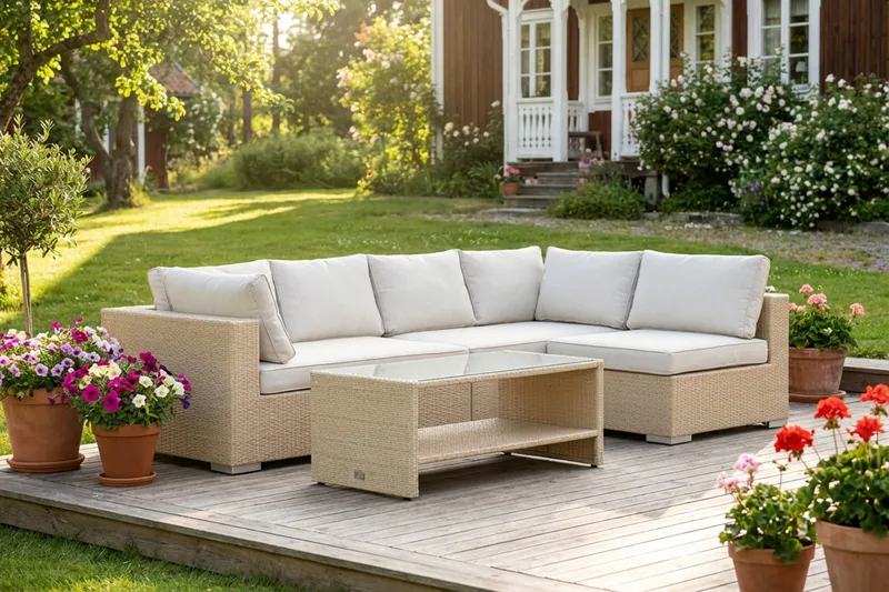 Bahamas utomhus loungegrupp 5-sits med vändbar schäslong och bord med hylla - Beige - Utemöbler - Loungemöbler - Soffgrupp utomhus