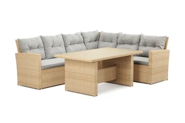 James 5-sits Högervänd Loungegrupp Utomhus – Soffgrupp med ljusgrå dynor och bord i konstrotting - Ljusgrå / Beige - Utemöbler - Loungemöbler - Soffgrupp utomhus