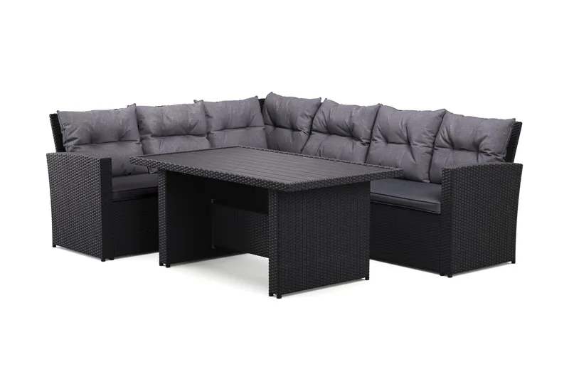 James 5-sits Vänstervänd Loungegrupp Utomhus – Soffgrupp med mörgrå dynor och bord i konstrotting - Grå - Utemöbler - Loungemöbler - Soffgrupp utomhus