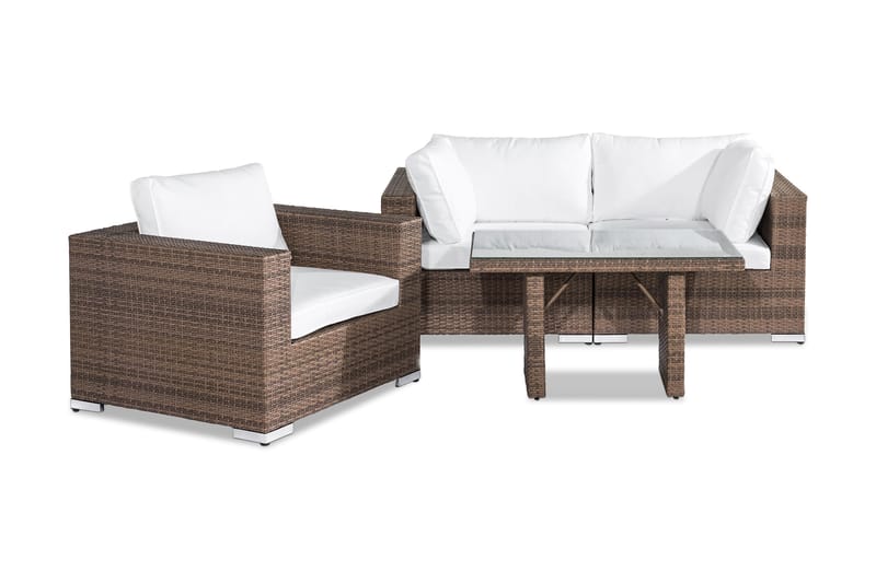 Bahamas Liten Loungegrupp Utomhus - 3-sits Litet Loungeset i Konstrotting för Uteplats och Trädgård - Beige / Vita dynor - Trädgård & spabad - Utemiljö - Altan & terrass - Altanmöbler