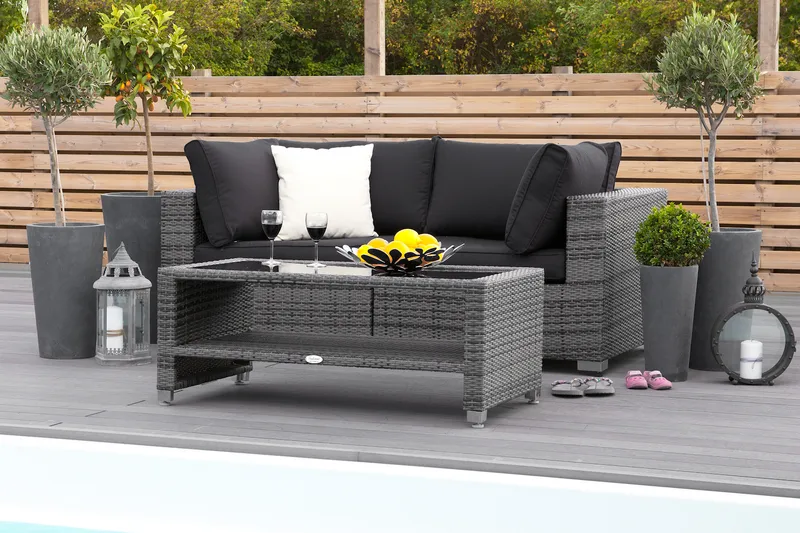 Bahamas Liten loungegrupp utomhus - Soffgrupp till balkong 2-sits - Litet loungeset utemöbler - - Grå / Svarta dynor - Utemöbler - Loungemöbler - Soffgrupp utomhus