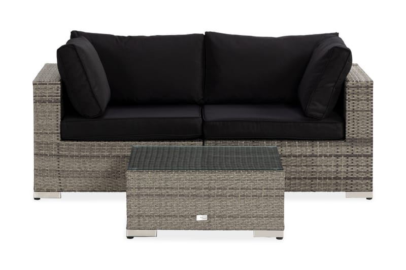 Bahamas Liten loungegrupp utomhus - Soffgrupp till balkong 3-sits - Litet loungeset konstrotting utemöbler, Grå /Sand / Svarta dynor