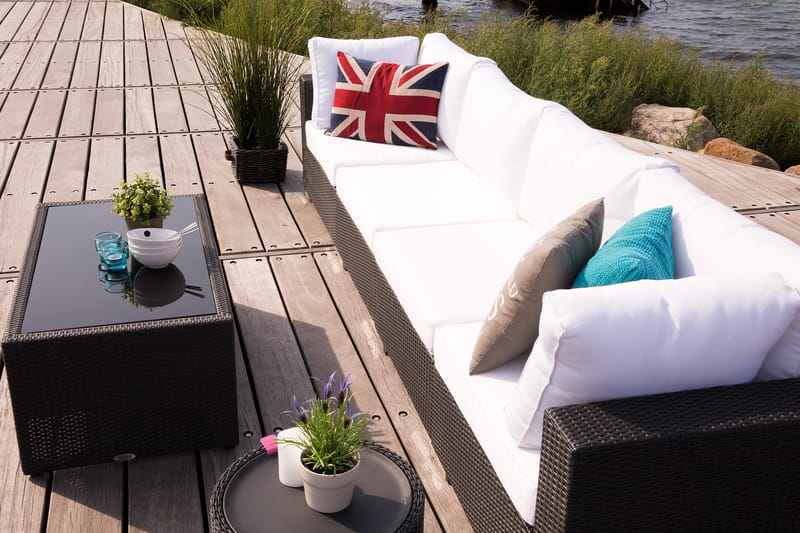 Bahamas Loungegrupp Utomhus - 4-sits Konstrotting Utemöbler Loungeset för Uteplats och Trädgård - Svart / Vita dynor / Plast - Trädgård & spabad - Utemiljö - Altan & terrass - Altanmöbler