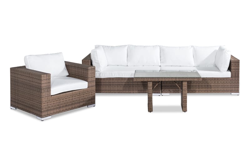 Bahamas Loungegrupp Utomhus - 5-sits Konstrotting Utemöbler Loungeset med Utefåtölj för Uteplats och Trädgård - Beige / Vita dynor - Trädgård & spabad - Utemiljö - Altan & terrass - Altanmöbler