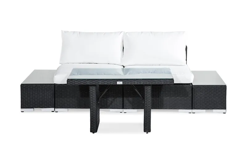 Bahamas Loungegrupp utomhus - Liten soffgrupp till balkong 2-sits - Litet loungeset konstrotting utemöbler, Svart / Vita dynor