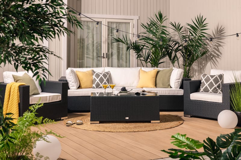 Bahamas Loungegrupp utomhus - Soffgrupp för trädgård med 5-sits - Loungeset konstrotting utemöbler - Svart / Vita dynor - Trädgård & spabad - Utemiljö - Altan & terrass - Altanmöbler