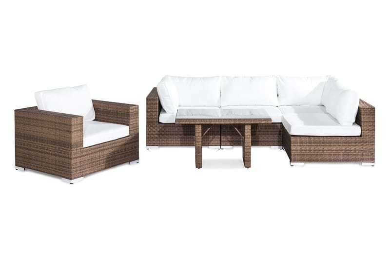 Bahamas Loungegrupp utomhus - Soffgrupp till trädgård 5-sits - Loungeset konstrotting utemöbler - Beige / Brun med vita dynor - Trädgård & spabad - Utemiljö - Altan & terrass - Altanmöbler