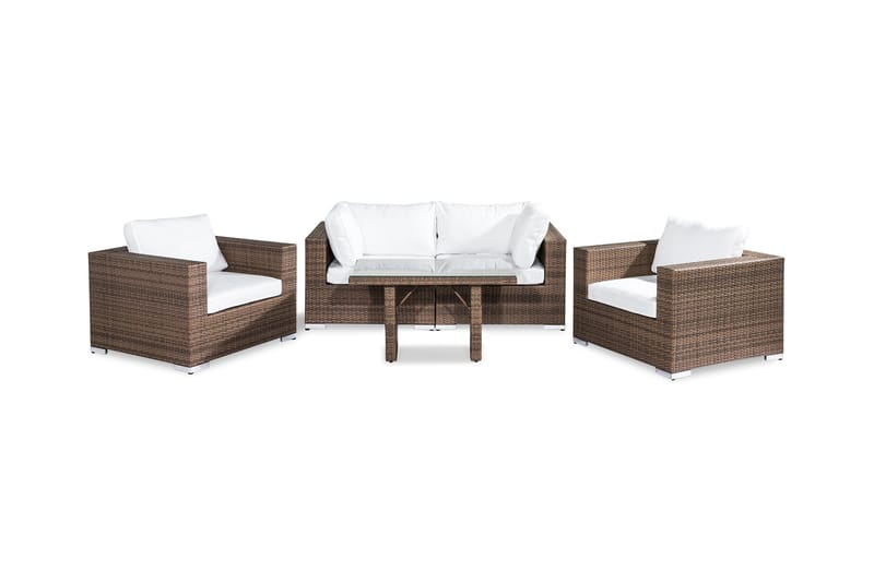 Bahamas Loungegrupp utomhus - Soffgrupp till uteplats 4-sits - Loungeset konstrotting utemöbler - 2 fåtöljer - Sand / Brun / VIta dynor - Trädgård & spabad - Utemiljö - Altan & terrass - Altanmöbler