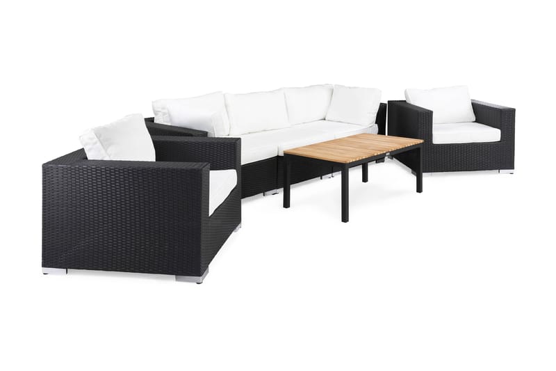 Bahamas Loungegrupp utomhus - Soffgrupp till uteplats 5-sits - Loungeset konstrotting utemöbler - Svart / Vita dynor / Teak - Trädgård & spabad - Utemiljö - Altan & terrass - Altanmöbler