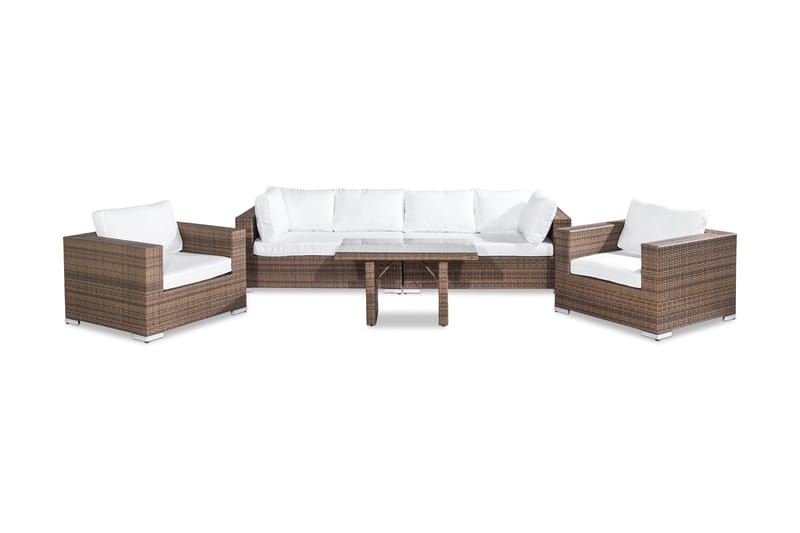 Bahamas Loungegrupp utomhus - Soffgrupp till uteplats 6-sits - Loungeset konstrotting utemöbler - Sand / Brun / Vita dynor - Trädgård & spabad - Utemiljö - Altan & terrass - Altanmöbler