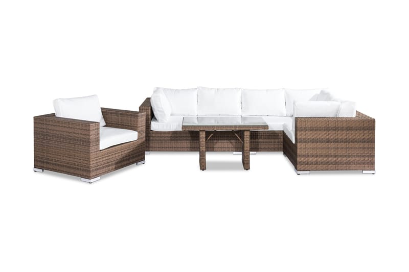 Bahamas Stor Loungegrupp Utomhus - 6-sits Konstrotting Utemöbler Loungeset med Utefåtölj för Uteplats och Trädgård - Beige / Vita dynor / Glas - Trädgård & spabad - Utemiljö - Altan & terrass - Altanmöbler