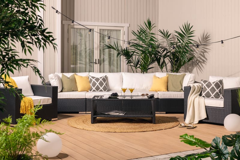 Bahamas Stor loungegrupp utomhus - Soffgrupp till trädgård 6-sits - Loungeset konstrotting utemöbler - Svart / Vita dynor - Trädgård & spabad - Utemiljö - Altan & terrass - Altanmöbler