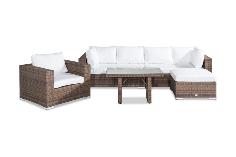 Bahamas Stor loungegrupp utomhus - Soffgrupp till uteplats 6-sits - Loungeset konstrotting utemöbler - Mörkbeige / Sand / Vita dynor - Trädgård & spabad - Utemiljö - Altan & terrass - Altanmöbler