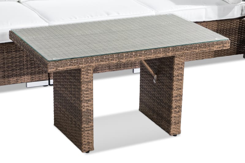Bahamas Stor loungegrupp utomhus - Soffgrupp till uteplats 6-sits - Loungeset konstrotting utemöbler - Sand / Brun / Vita dynor - Trädgård & spabad - Utemiljö - Altan & terrass - Altanmöbler