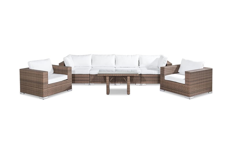 Bahamas Stor loungegrupp utomhus - Soffgrupp till uteplats 6-sits - Loungeset konstrotting utemöbler - Sand / Brun / Vita dynor - Trädgård & spabad - Utemiljö - Altan & terrass - Altanmöbler