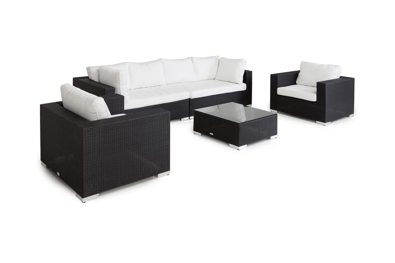 Bahamas Stor loungegrupp utomhus - Soffgrupp till uteplats 7-sits - Loungeset konstrotting utemöbler - Svart / Vita dynor - Trädgård & spabad - Utemiljö - Altan & terrass - Altanmöbler