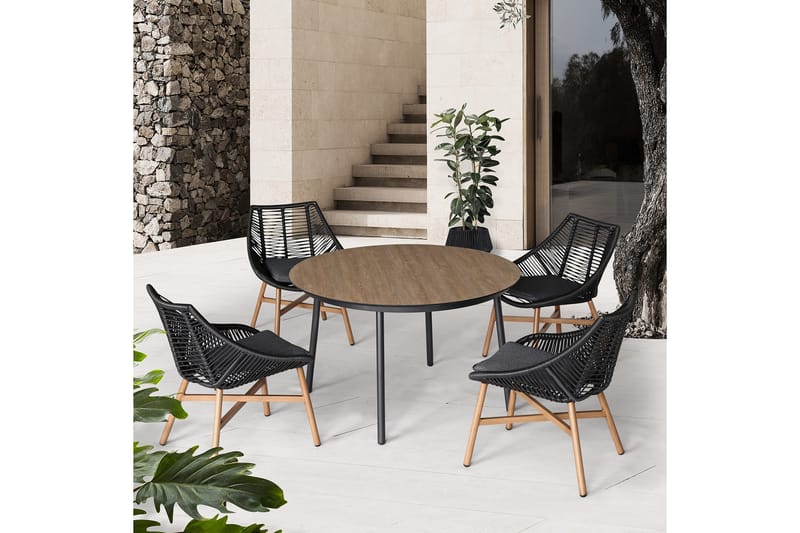 Helsinki Matgrupp Utomhus 120 cm Rund + 4 Utestolar m Dyna - Svart/Natur/Grå - Utemöbler - Loungemöbler - Loungegrupp & Loungeset