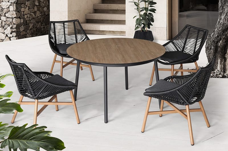 Helsinki Matgrupp Utomhus 120 cm Rund + 4 Utestolar m Dyna - Svart/Natur/Grå - Utemöbler - Loungemöbler - Loungegrupp & Loungeset