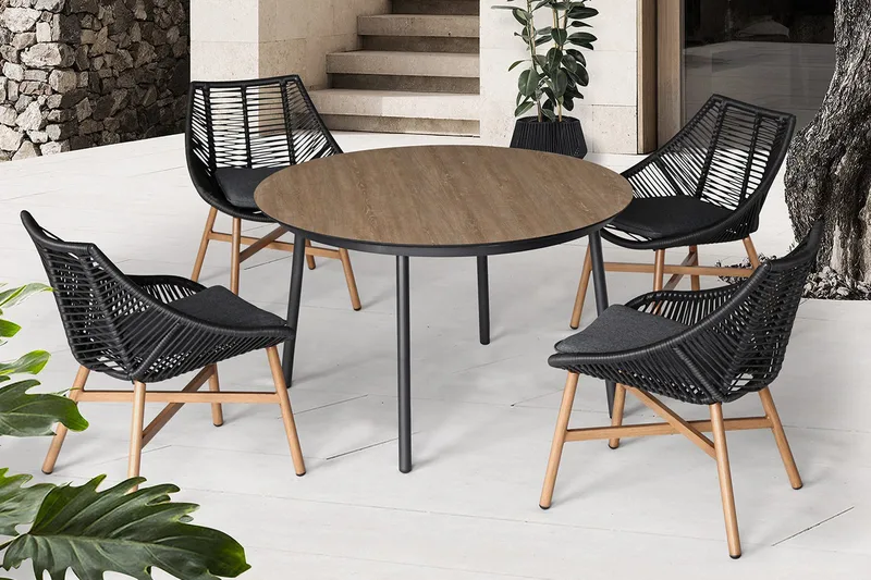 Helsinki Matgrupp Utomhus 120 cm Rund + 4 Utestolar m Dyna - Svart/Natur/Grå - Utemöbler - Loungemöbler - Loungegrupp & Loungeset