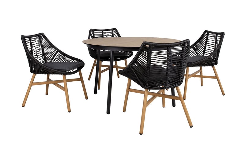 Helsinki Matgrupp Utomhus 120 cm Rund + 4 Utestolar m Dyna - Svart/Natur/Grå - Utemöbler - Loungemöbler - Loungegrupp & Loungeset