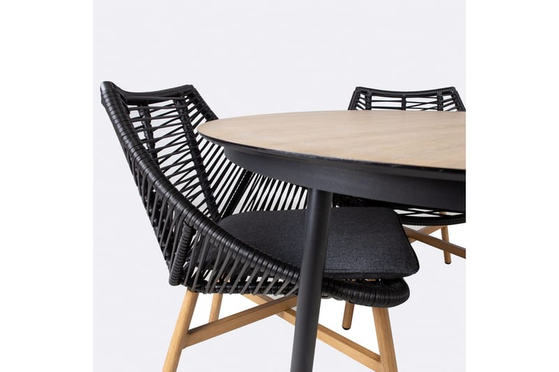 Helsinki Matgrupp Utomhus 120 cm Rund + 4 Utestolar m Dyna - Svart/Natur/Grå - Utemöbler - Loungemöbler - Loungegrupp & Loungeset