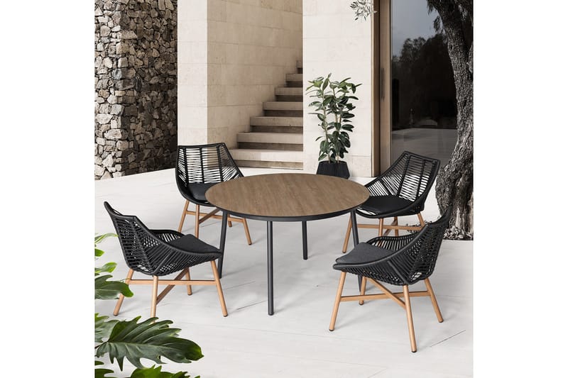 Helsinki Matgrupp Utomhus 120 cm Rund + 4 Utestolar m Dyna - Svart/Natur/Grå - Utemöbler - Loungemöbler - Loungegrupp & Loungeset