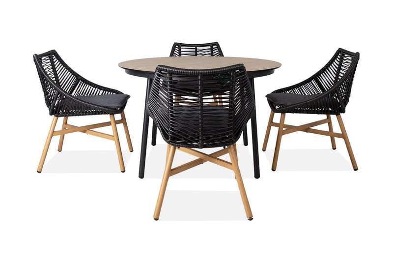 Helsinki Matgrupp Utomhus 120 cm Rund + 4 Utestolar m Dyna, Svart/Natur/Grå