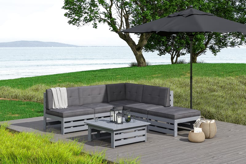 Husarn HörnLoungegrupp utomhus - Soffgrupp till uteplats 4-sits - Loungeset trä utemöbler - Matt grå / Svarta dynor - Trädgård & spabad - Utemiljö - Altan & terrass - Altanmöbler