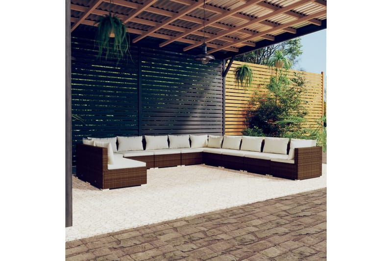 Loungegrupp för trädgården m. dynor 11 delar brun konstrotti - Brun/Vit - Altanmöbler - Soffgrupp utomhus - Loungegrupp & Loungeset