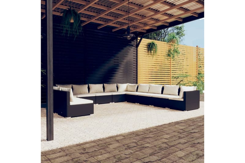 Loungegrupp för trädgården m. dynor 11 delar svart konstrott - Svart/Vit - Altanmöbler - Soffgrupp utomhus - Loungegrupp & Loungeset
