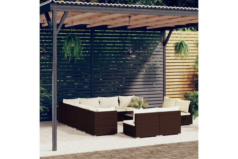 Loungegrupp för trädgården m. dynor 12 delar brun konstrotti - Brun/Vit - Altanmöbler - Soffgrupp utomhus - Loungegrupp & Loungeset