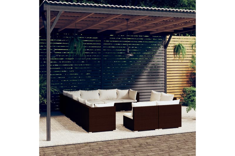 Loungegrupp för trädgården m. dynor 12 delar brun konstrotti - Brun/Vit - Altanmöbler - Soffgrupp utomhus - Loungegrupp & Loungeset