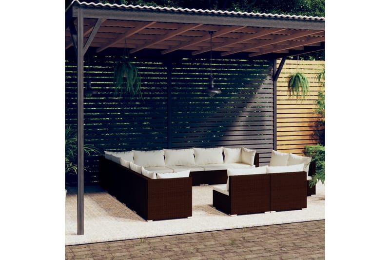 Loungegrupp för trädgården m. dynor 13 delar brun konstrotti - Brun/Vit - Altanmöbler - Soffgrupp utomhus - Loungegrupp & Loungeset