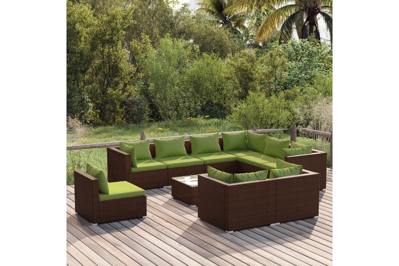Loungegrupp för trädgården med dynor 10 delar konstrotting b - Brun/Grön - Loungegrupp & Loungeset - Altanmöbler - Soffgrupp utomhus